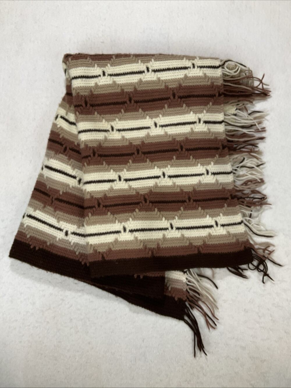 Hand Made Vintage Crochet Afghan Stripes Brown Tones Throw Blanket 64 x 50"